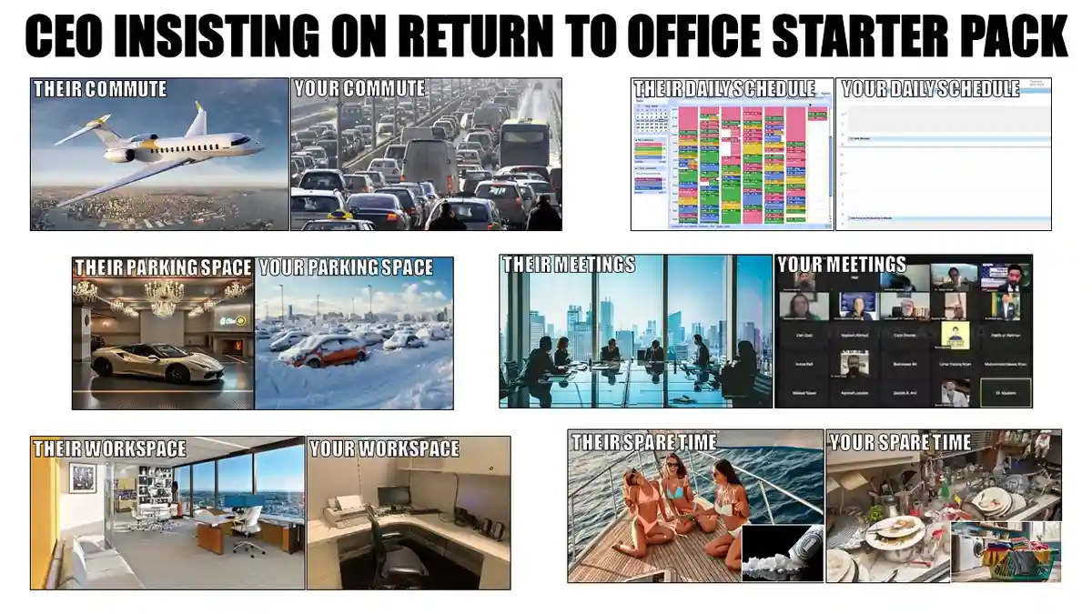 A meme titled 'CEO INSISTING ON RETURN TO OFFICE STARTER PACK' compares the luxurious lifestyles of CEOs with the struggles…