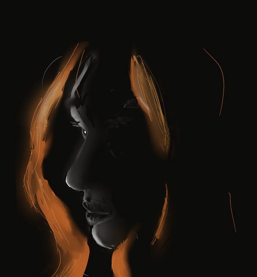 A dark, stylized digital illustration shows a person's face in profile, hands pressed to their head in distress, with…