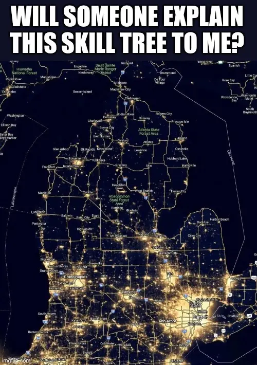 A night-time satellite image of the U.S. state of Michigan, showing bright city lights and dark rural areas. The overlaid…