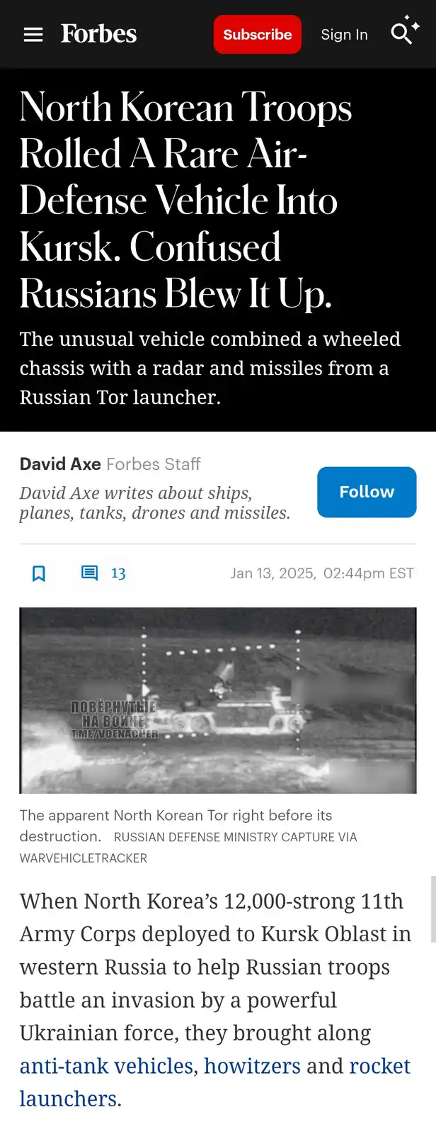A screenshot of a Forbes article shows a black-and-white night-vision image of a military vehicle, identified as a North…