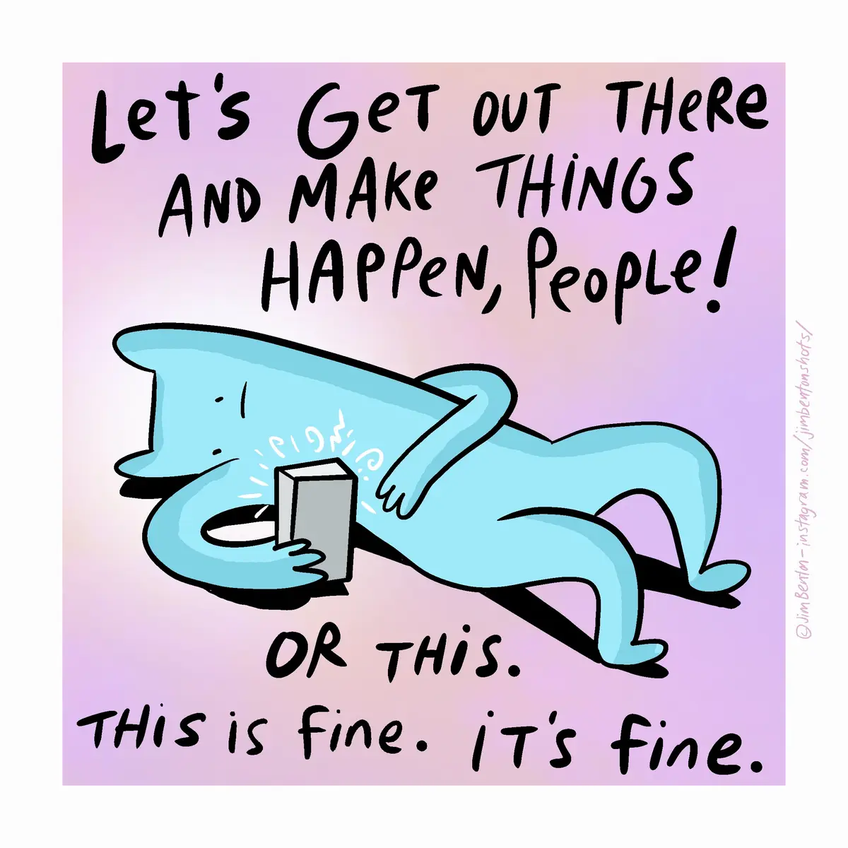 A cartoon blue creature lies on its back, holding a smartphone, with a calm, unbothered expression. Above it, bold text…