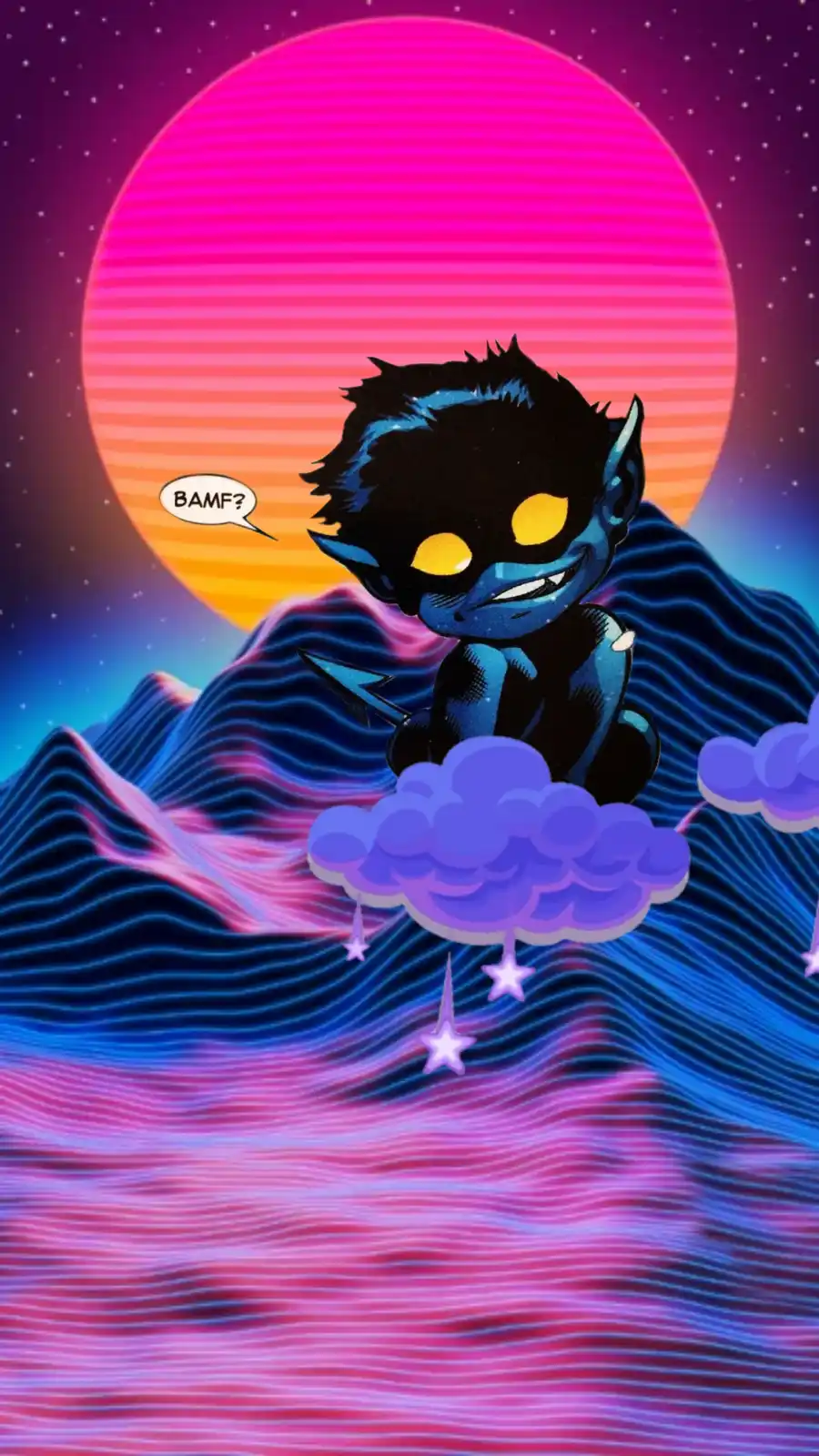 A chibi-style blue-skinned character with yellow eyes and pointed ears sits atop a purple cloud, holding a small arrow…