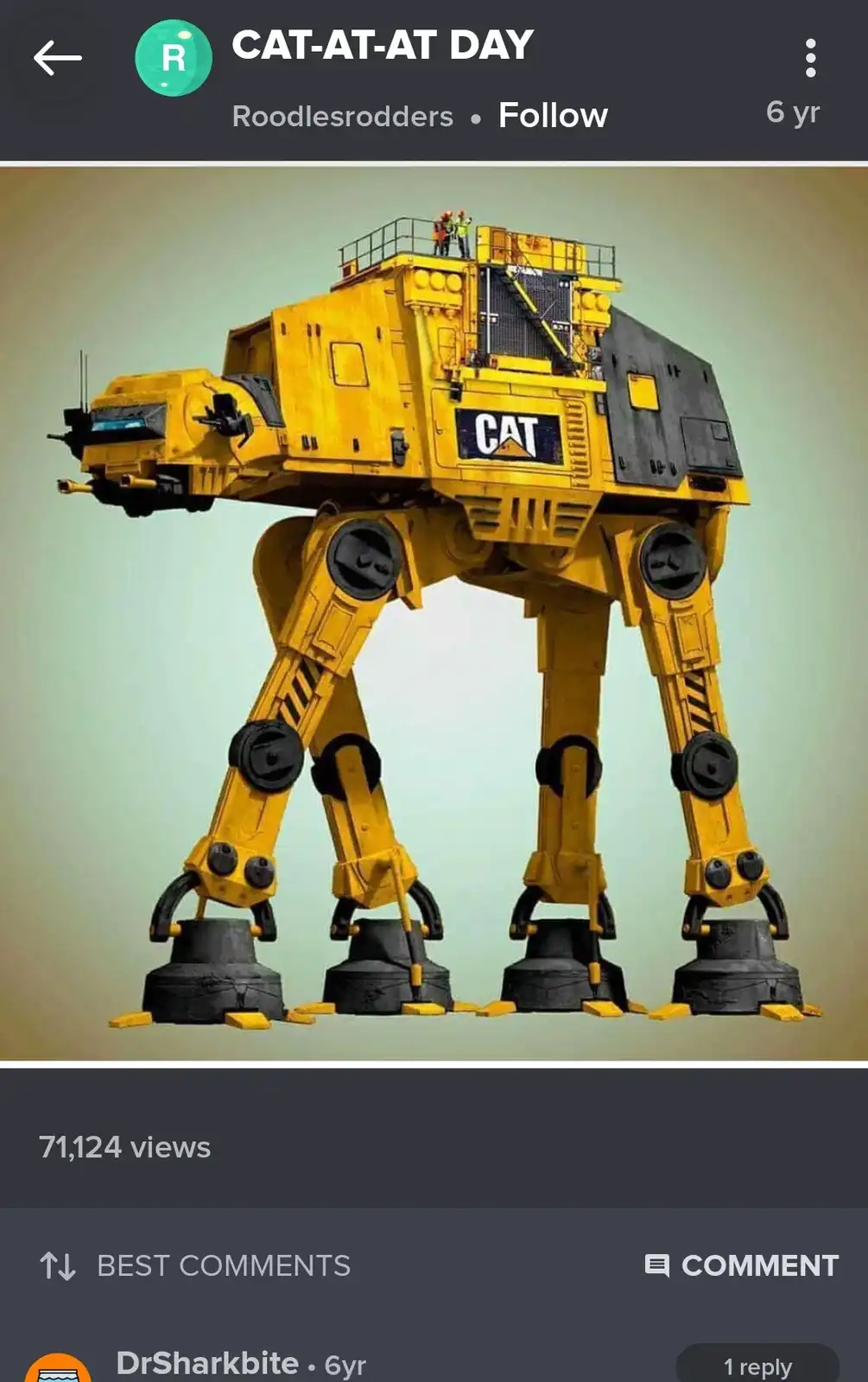 A digitally altered image shows a yellow, four-legged, heavily armored walker resembling the AT-AT from Star Wars, but its…