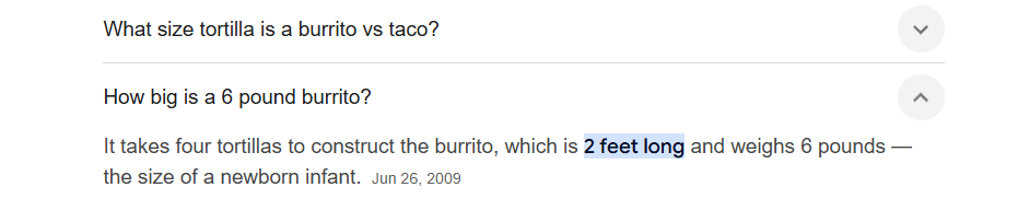 A screenshot of a 2009 Reddit post answers the question 'How big is a 6 pound burrito?' by stating it's 2 feet long and…