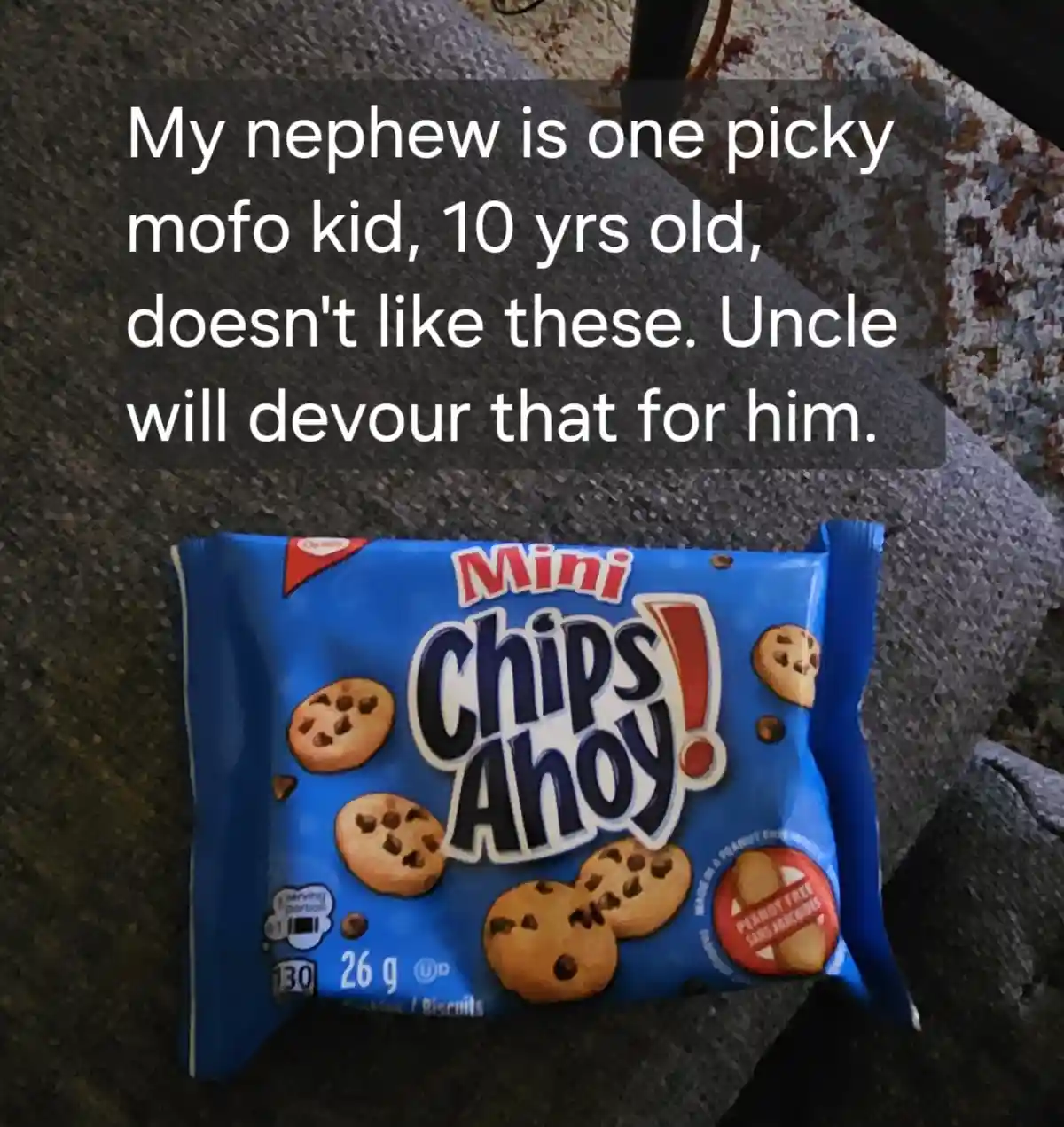 A blue package of Mini Chips Ahoy! chocolate chip cookies sits on a textured gray fabric surface. White text overlaid on a…