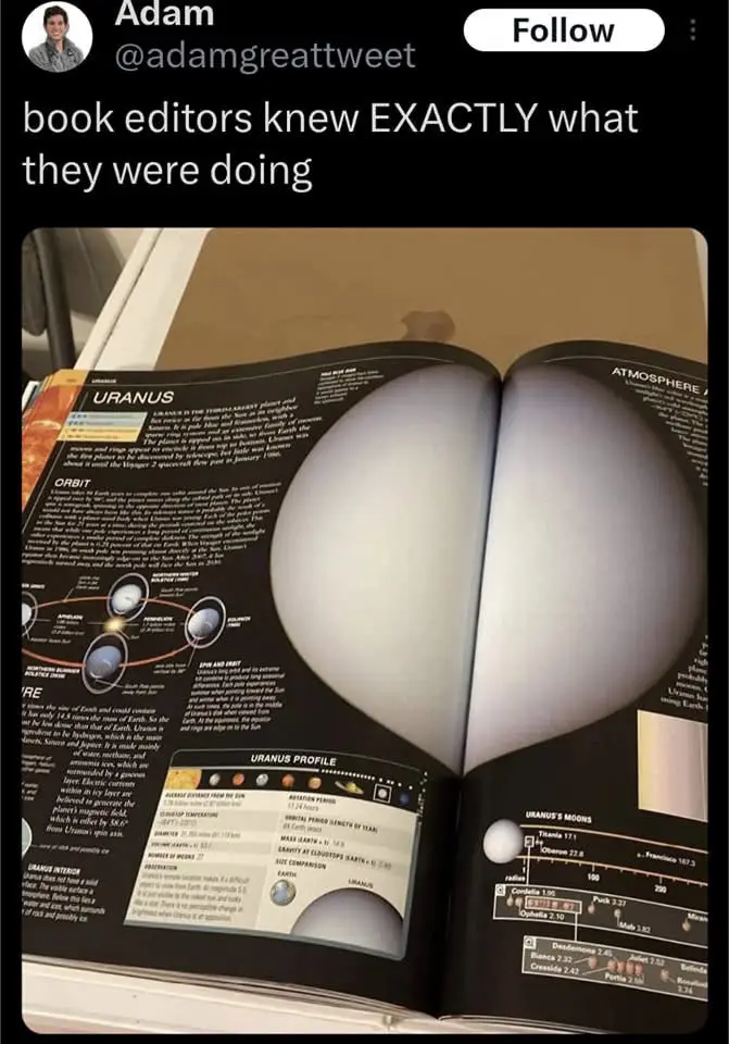 An open book page about the planet Uranus, featuring a large, perfectly round, pale blue image of the planet that visually…
