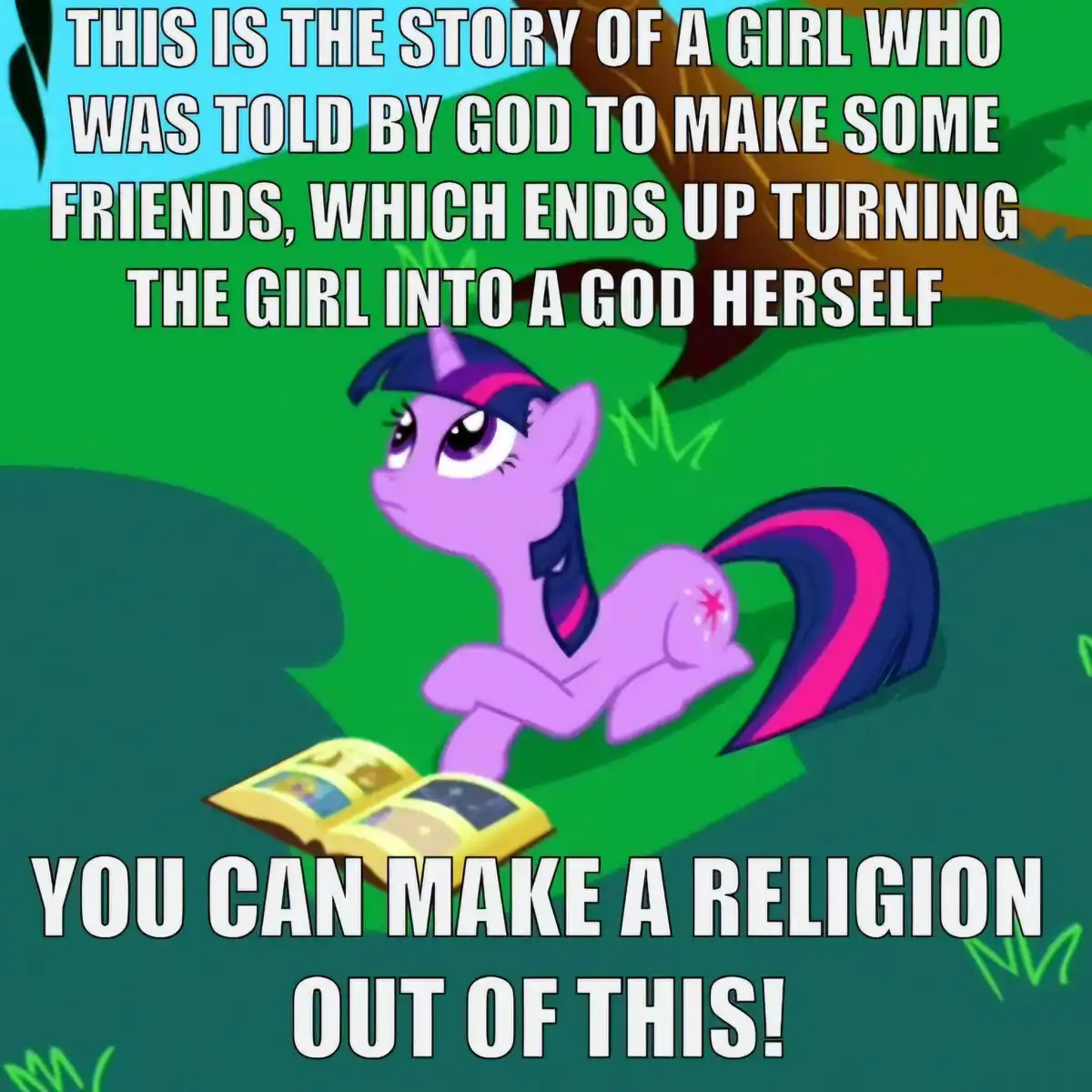 A purple cartoon pony with a dark mane and tail, identified as Twilight Sparkle from My Little Pony, is shown sitting in a…