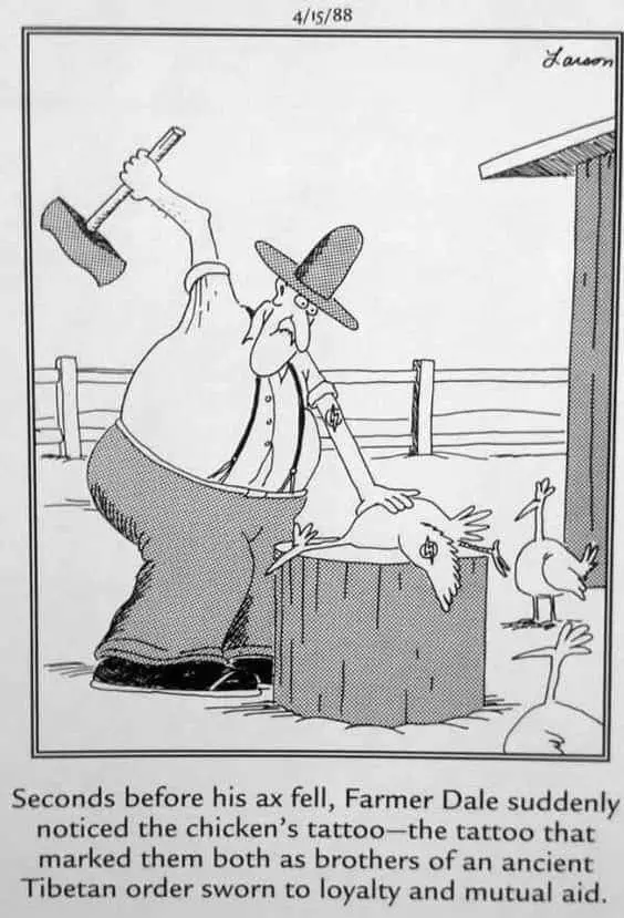 A black-and-white cartoon depicts a farmer in a hat and suspenders, holding an ax above his head, about to chop a chicken on…