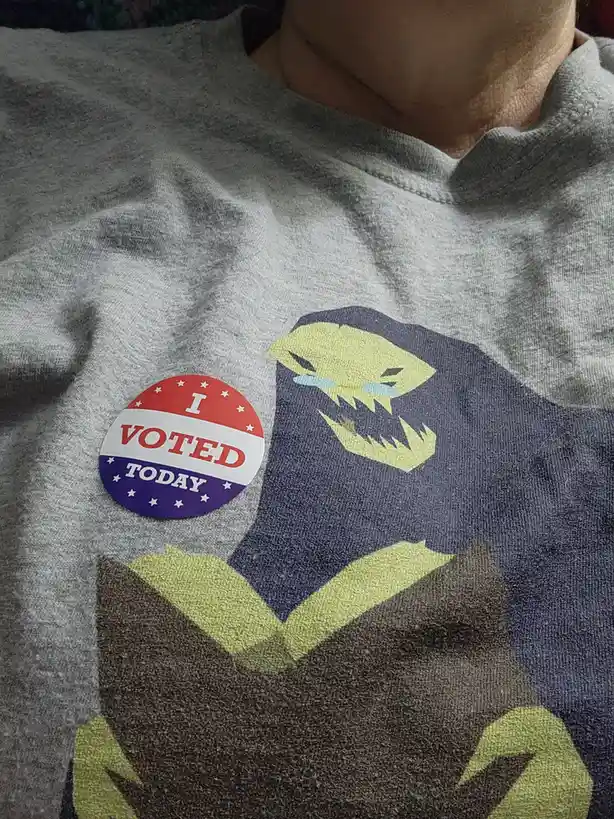 A close-up photo shows a person wearing a gray sweatshirt with a large graphic of a crying, stylized bird. On the left side…