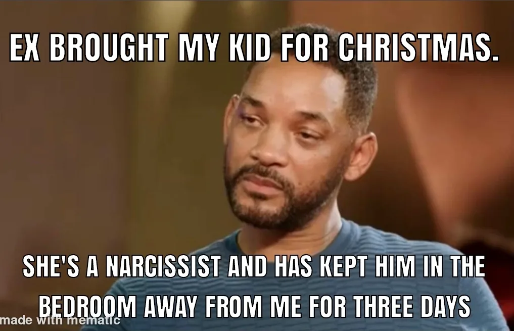 A close-up image of Will Smith looking concerned and slightly annoyed, with white bold text overlaid at the top and bottom…