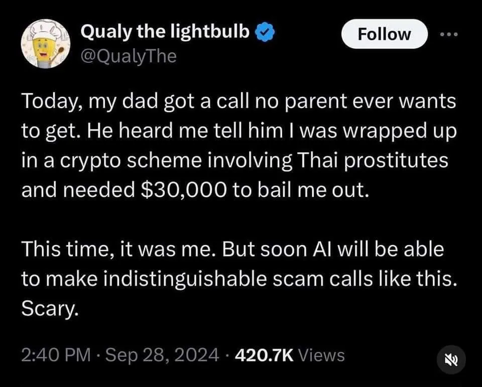 A screenshot of a tweet from 'Qualy the lightbulb' with a black background and white text. The tweet humorously recounts a…