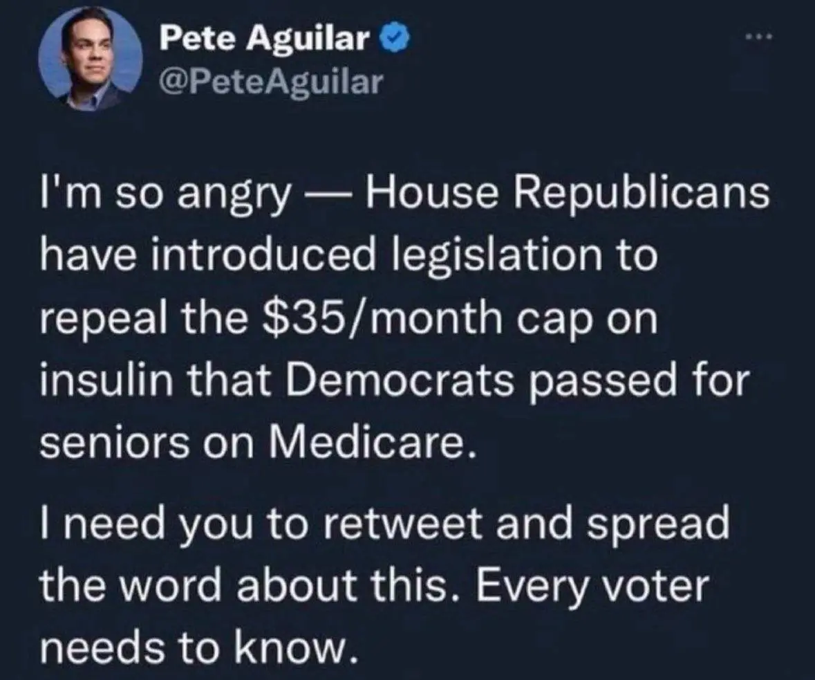 A screenshot of a tweet from verified user Pete Aguilar (@PeteAguilar) expressing anger that House Republicans are trying to…