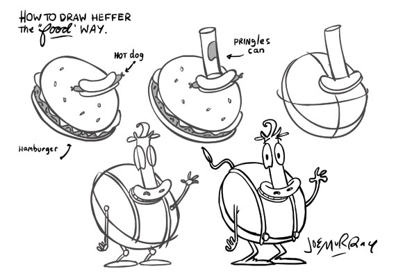 A hand-drawn sketch shows a step-by-step guide to drawing the cartoon character Heffer, starting with a hot dog, then a…