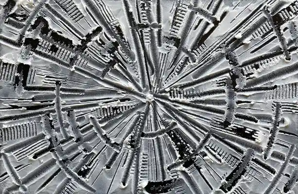 A close-up image shows a radial pattern of repeating, stylized building silhouettes pressed into a white, textured surface…