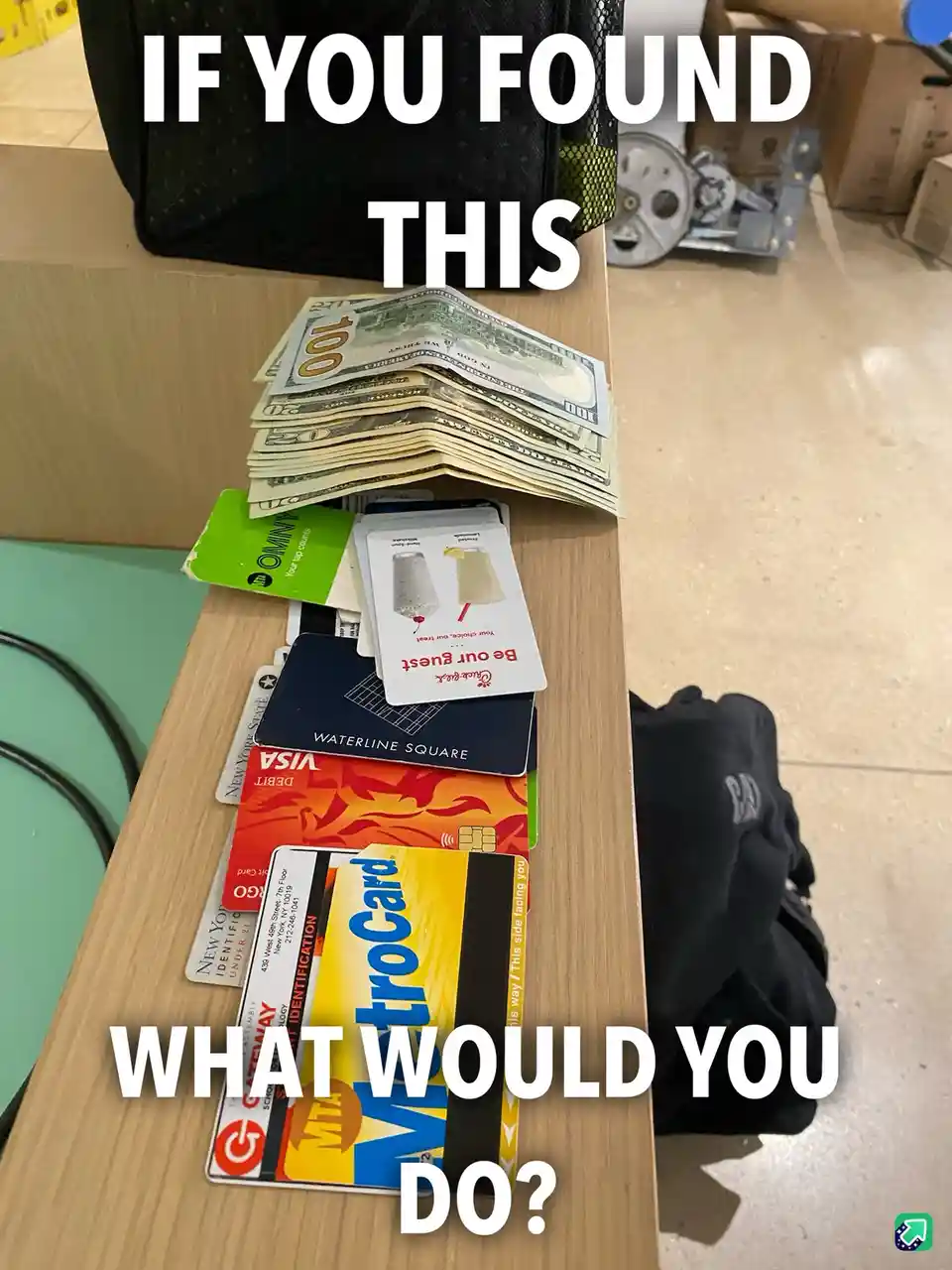 A stack of cash and various credit cards, including a MetroCard, are arranged on a wooden surface. The overlaid text asks…