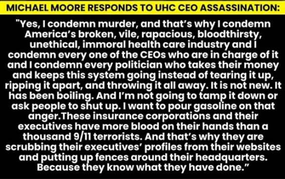 A black-and-white image of a man in a suit, likely Michael Moore, with a large block of white text overlaid. The text is a…