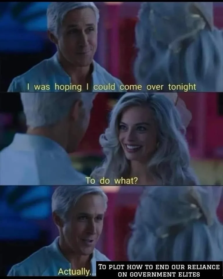 A three-panel meme from a movie scene featuring a man with gray hair and a woman with silver hair. In the first panel, the…
