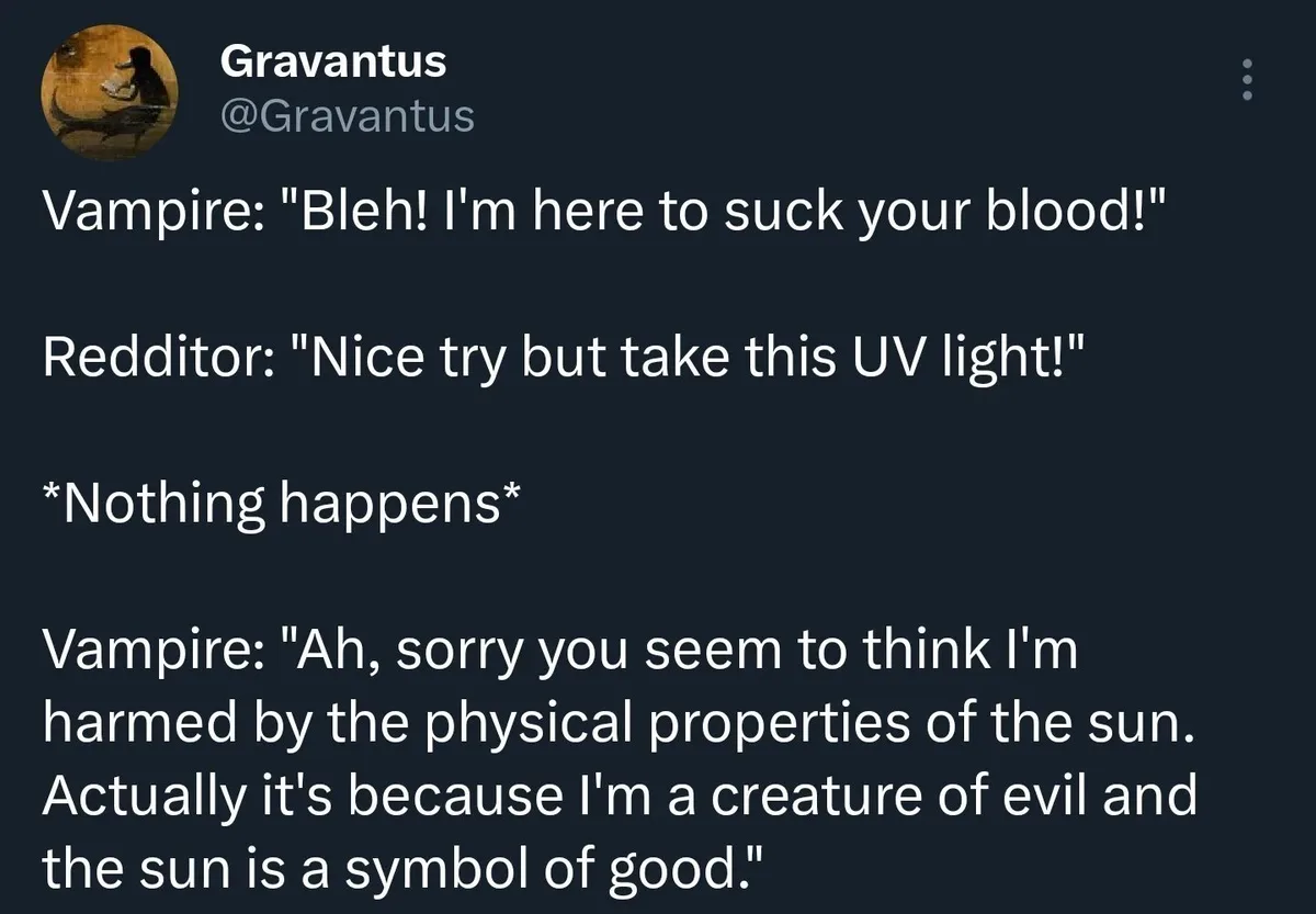 A dark-themed social media post shows a fictional dialogue where a vampire is thwarted by a redditor using a UV light, only…