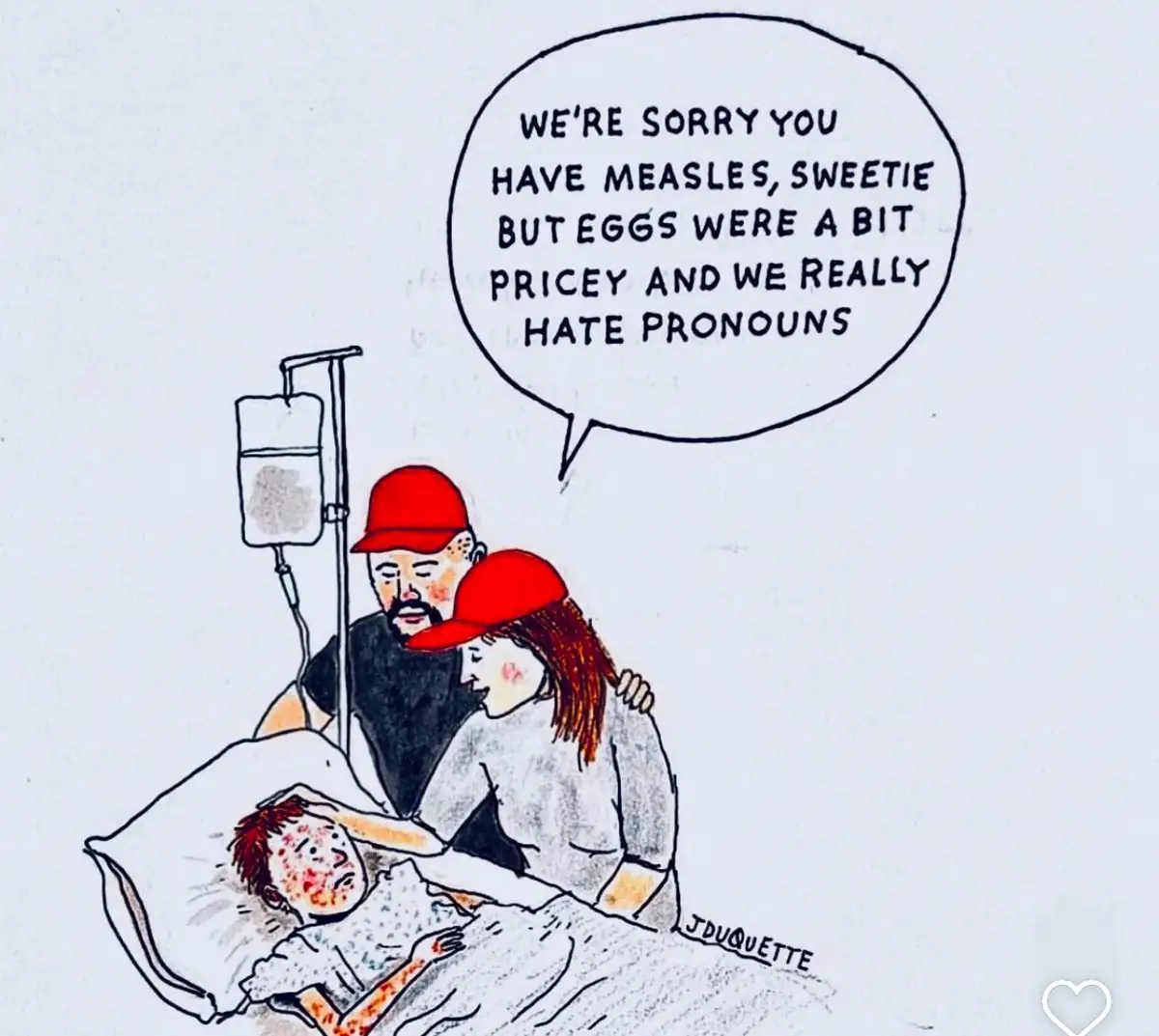 A hand-drawn cartoon depicts two adults in red caps sitting beside a sick child in a hospital bed with measles, an IV drip…