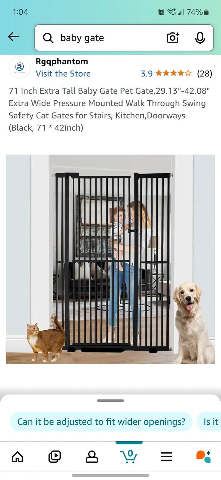 A screenshot of a product listing for a 71-inch tall baby gate, showing a woman holding a child behind the gate, with a cat…