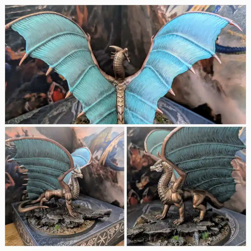 A composite image showing three views of a detailed miniature dragon statue with large, textured blue-green wings and a…