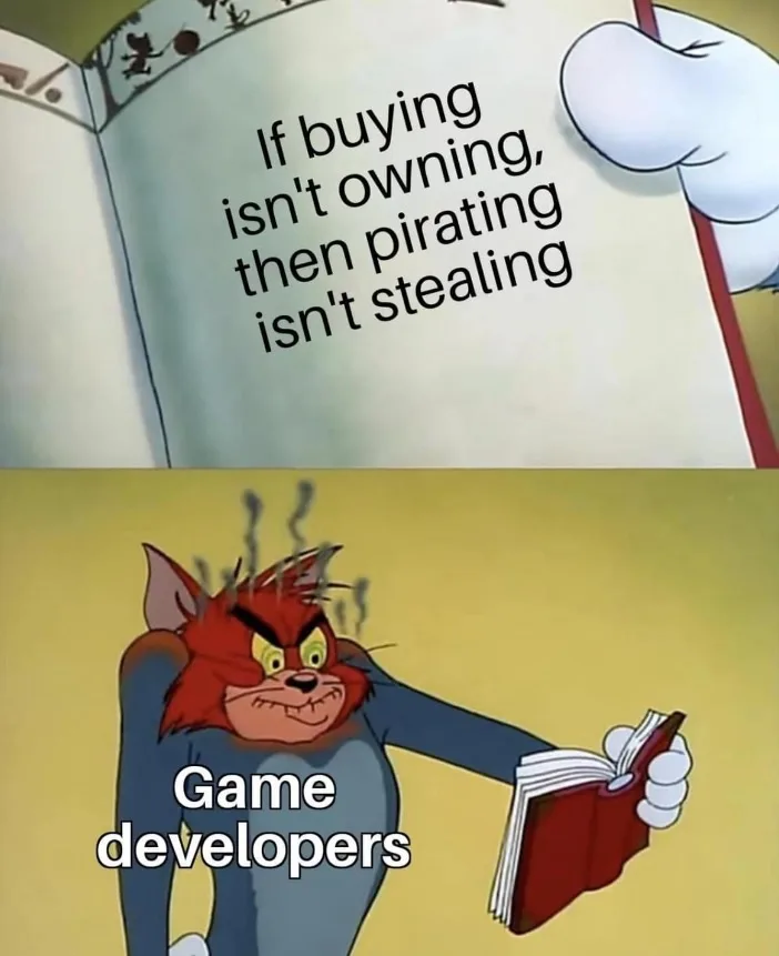 The top panel shows a cartoon hand holding an open book with the text 'If buying isn't owning, then pirating isn't…