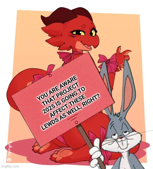 A red dragon-like character with pink bows holds a pink sign with the text 'YOU ARE AWARE THAT PROJECT 2025 IS GOING TO…