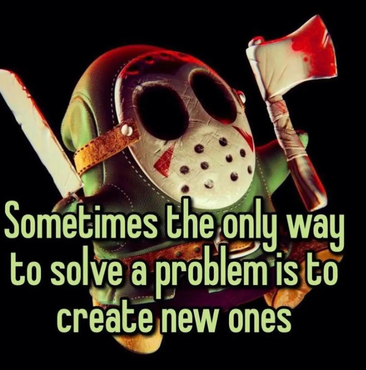 A small, green, plush toy resembling a hockey mask-wearing killer, holding a bloody axe in one hand and a bloody knife in…