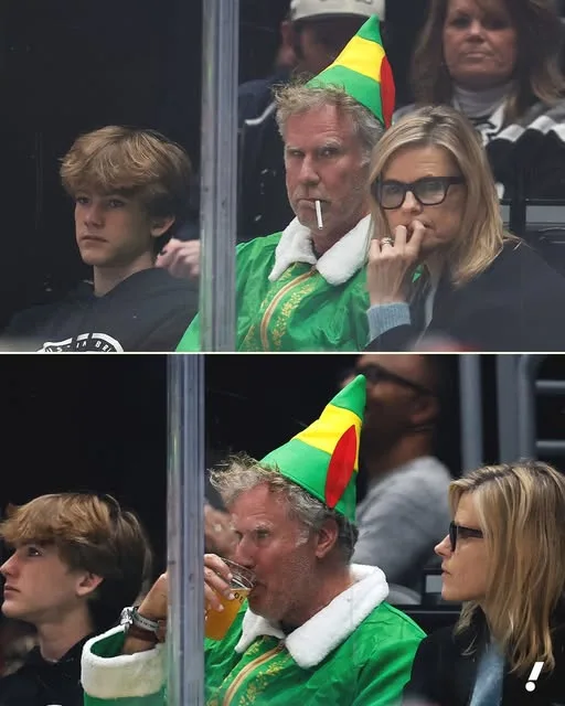 A two-panel image shows a man in a green elf costume with a cigarette in his mouth, sitting next to a woman who is also…