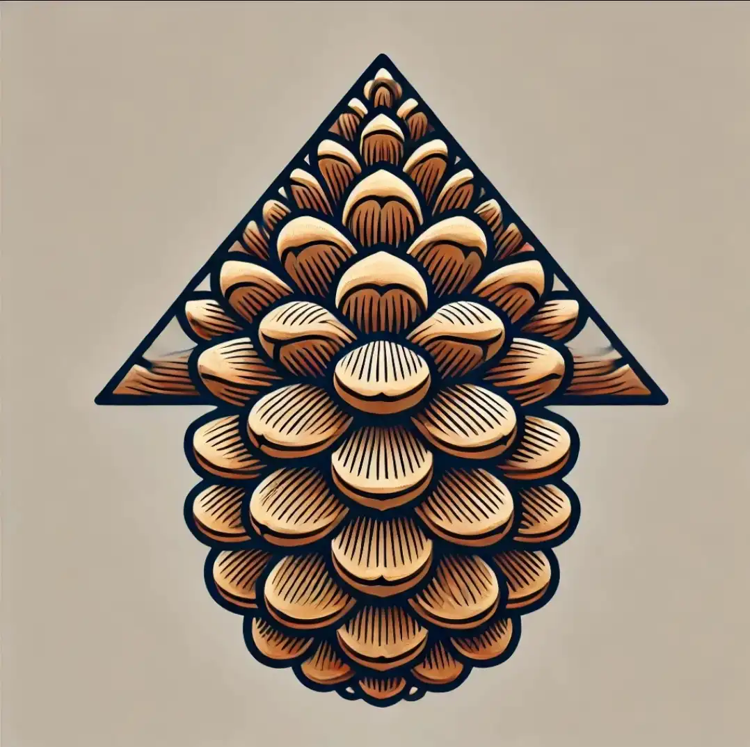 A stylized illustration of a pinecone with a dark triangular outline, set against a beige background. The pinecone is…