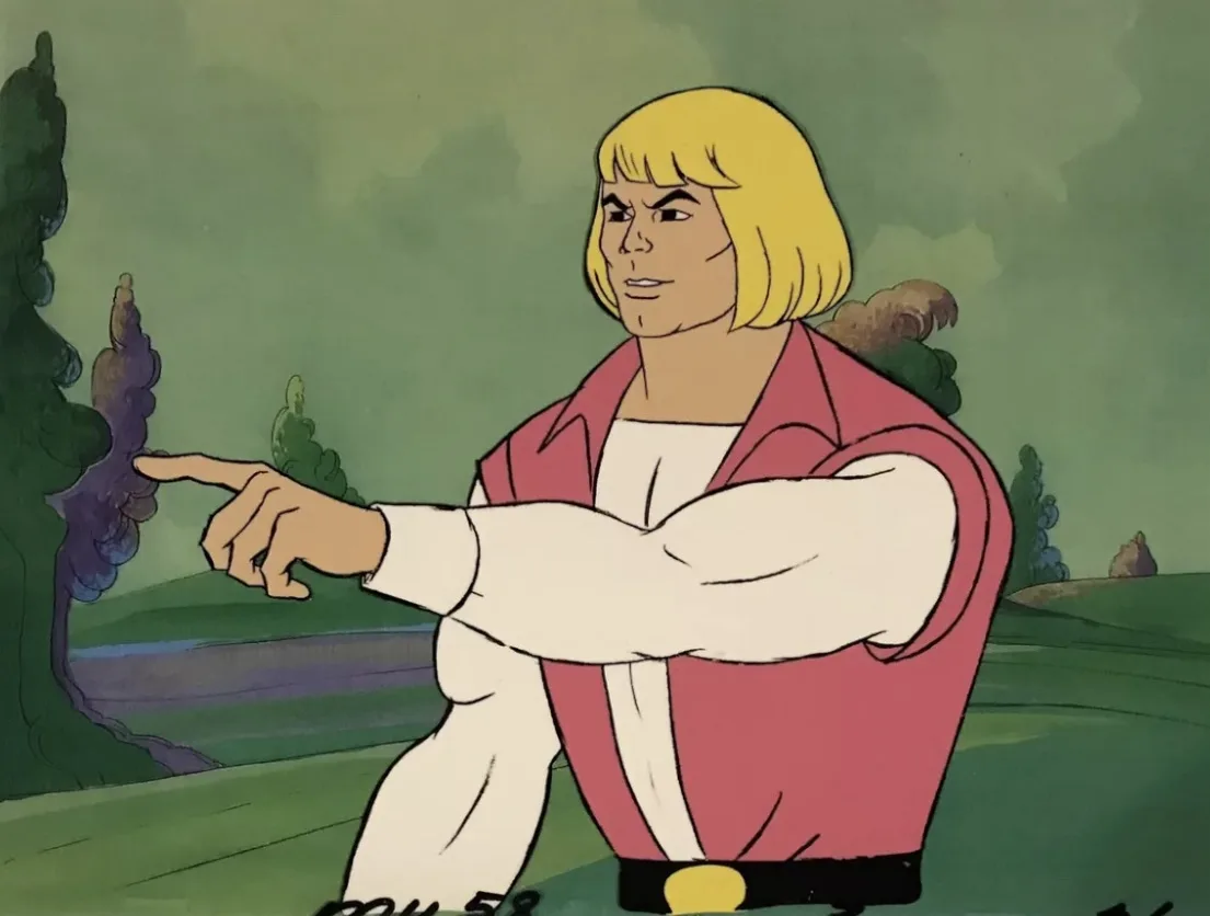 A still from the animated series 'He-Man and the Masters of the Universe' shows the titular character, He-Man, with his…
