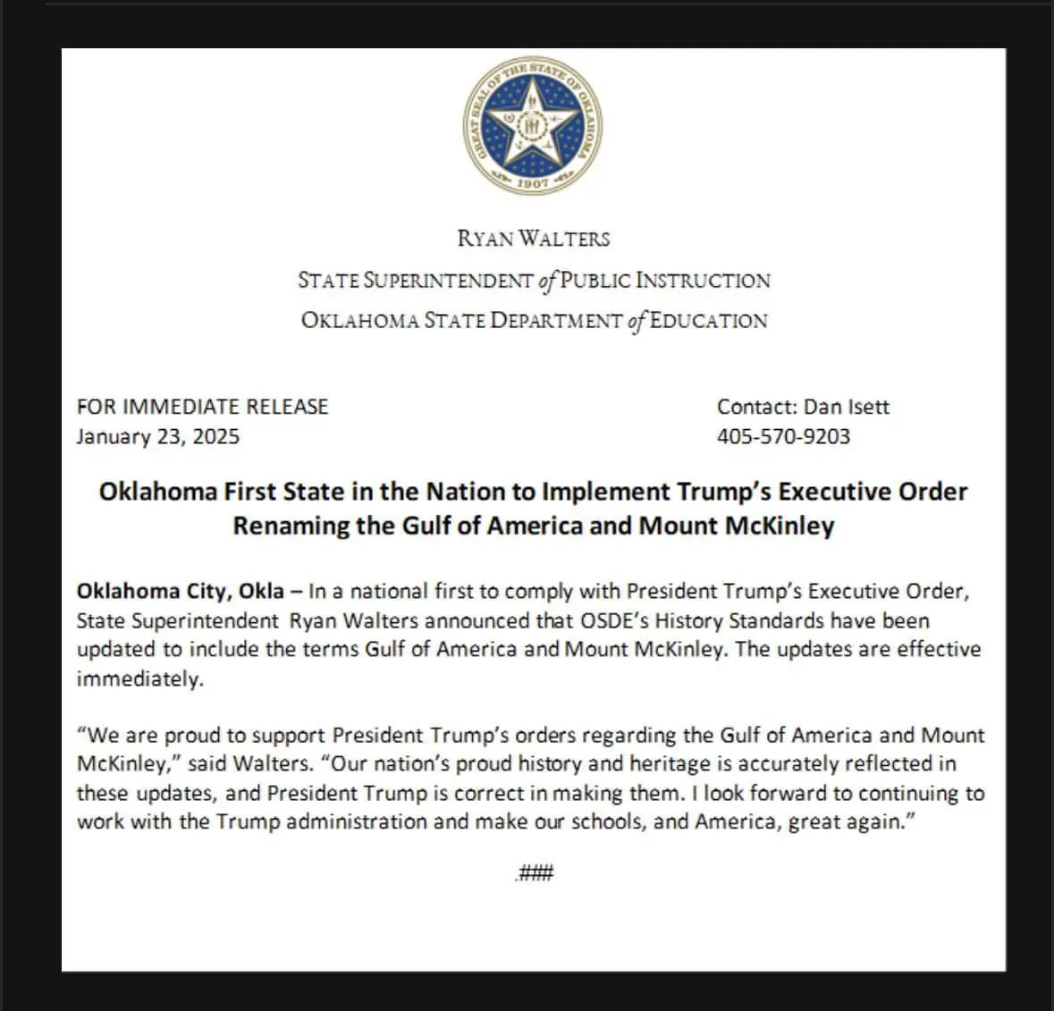 A fake press release from the Oklahoma State Department of Education, dated January 23, 2025, features the state seal and…