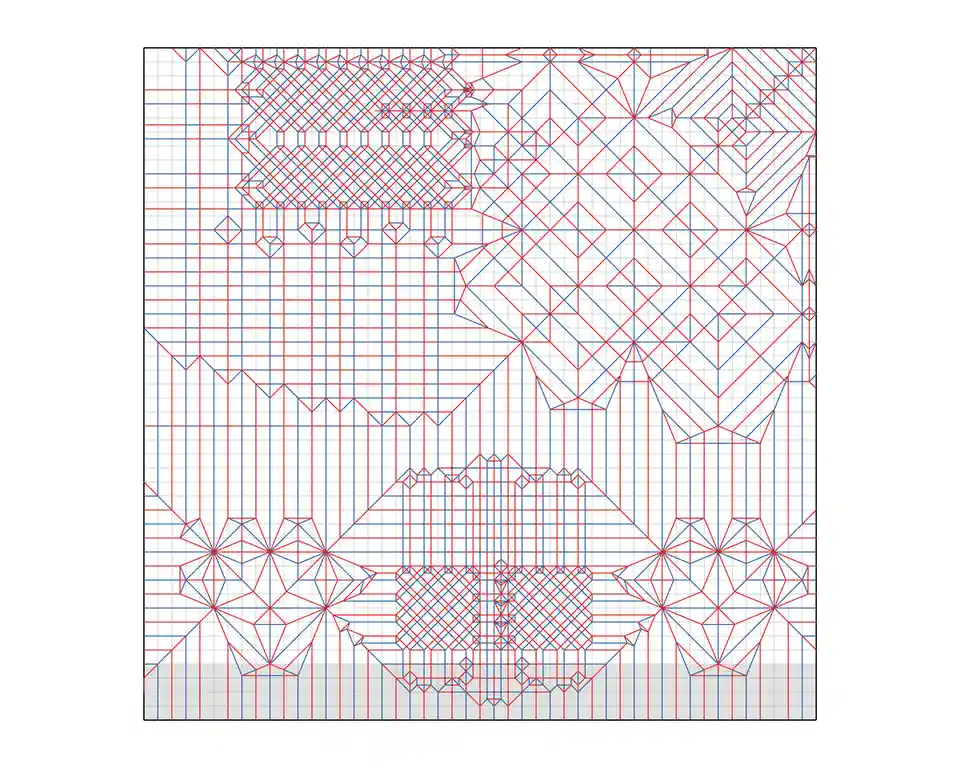 A grid-based image with red and blue lines forming intricate geometric patterns, including stars and diamonds, overlaid with…