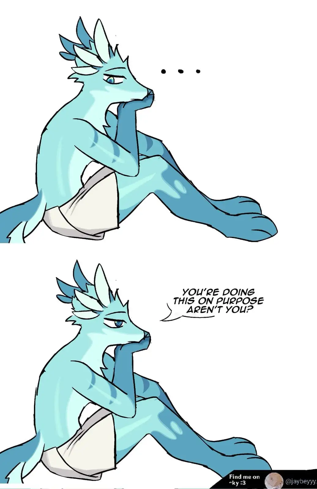 A blue anthropomorphic dragon-like creature sits in the same pose in two panels, looking thoughtful with three dots above…