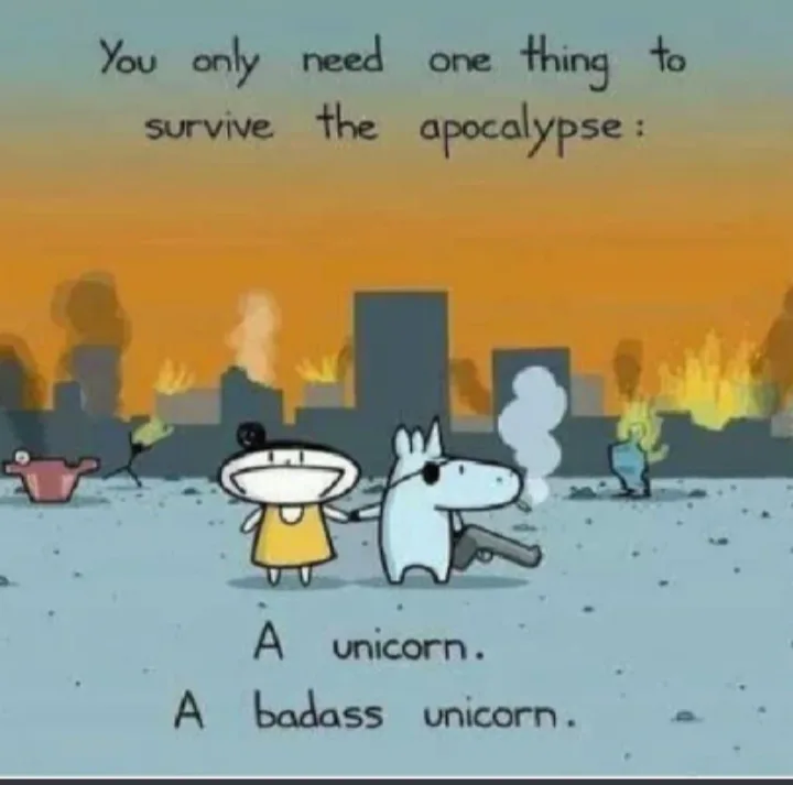A cartoon depicts two characters, a girl in a yellow dress and a white unicorn with a gun, standing in a post-apocalyptic…