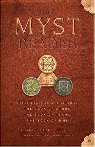 The image shows the cover of 'The Myst Reader,' a book with a brown leather-like texture. It features embossed gold…
