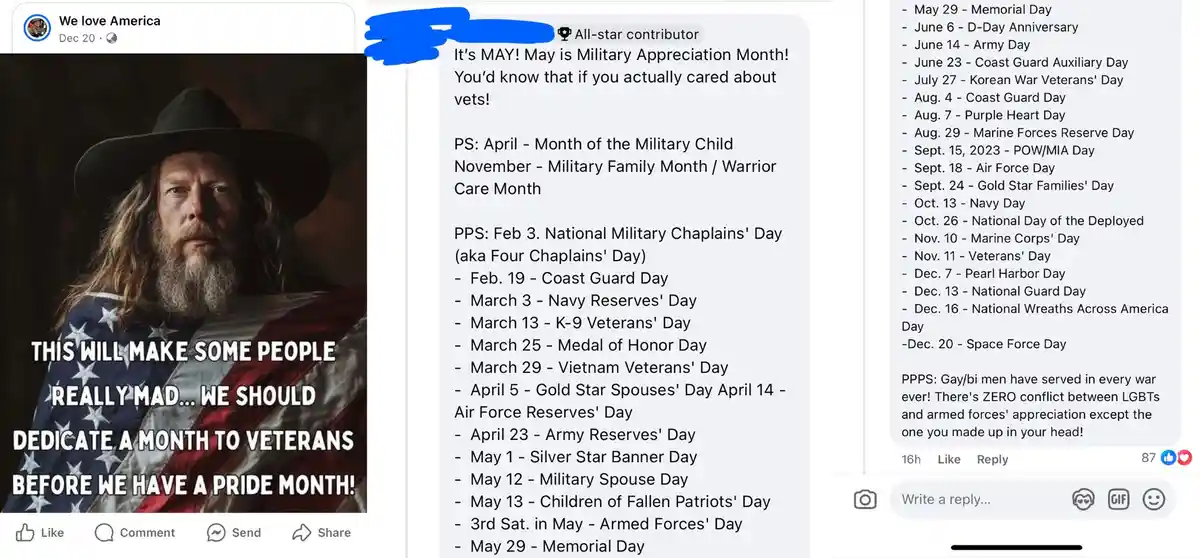 A screenshot of a Facebook post by 'We love America' featuring a man with a long beard and cowboy hat draped in an American…