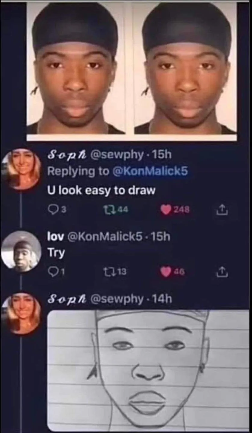 The image shows a screenshot of a Twitter thread where user 'Soph' comments 'U look easy to draw' on a photo of a young…