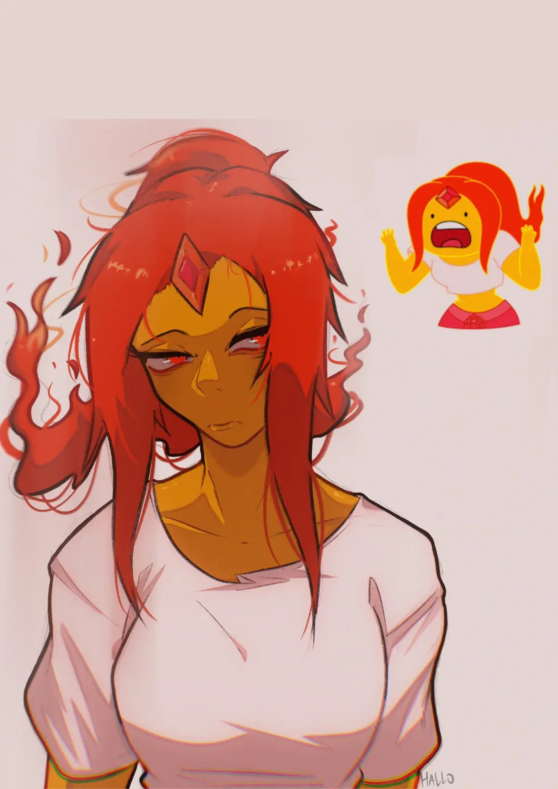 An anime-style illustration of a woman with fiery red hair and a gemstone on her forehead, looking tired and annoyed. In the…