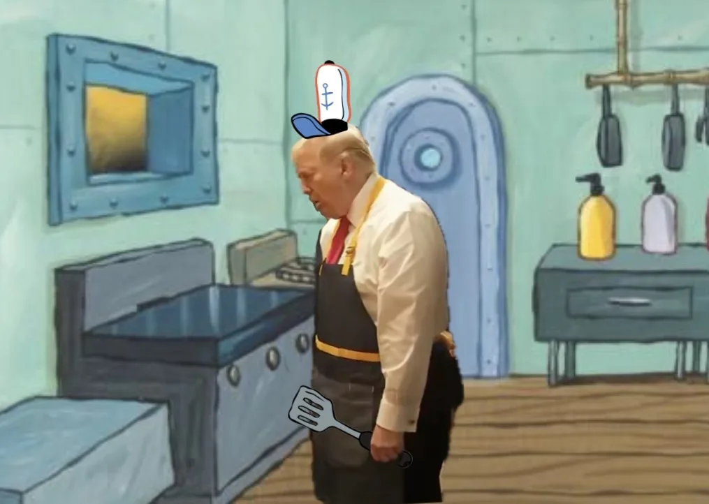 a photo of donald trump digitally edited into the kitchen of spongebob squarepants, wearing a black apron over a white shirt…