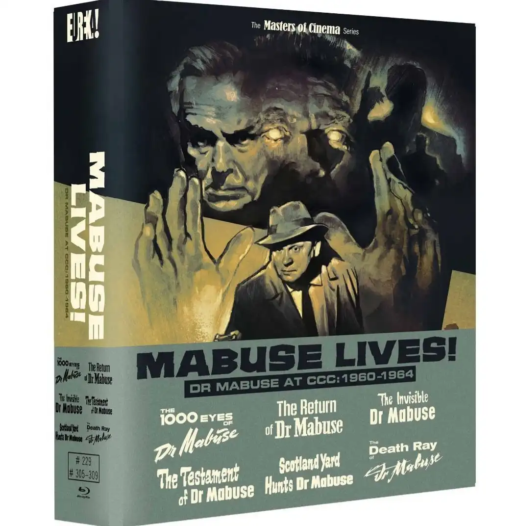 A movie box set cover for 'Mabuse Lives!' featuring a large, menacing face with glowing eyes looming over a smaller man in a…