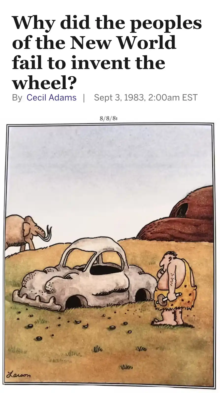 A cartoon depicts a caveman in a prehistoric landscape, holding a wheel-shaped object and looking at a car that has been…
