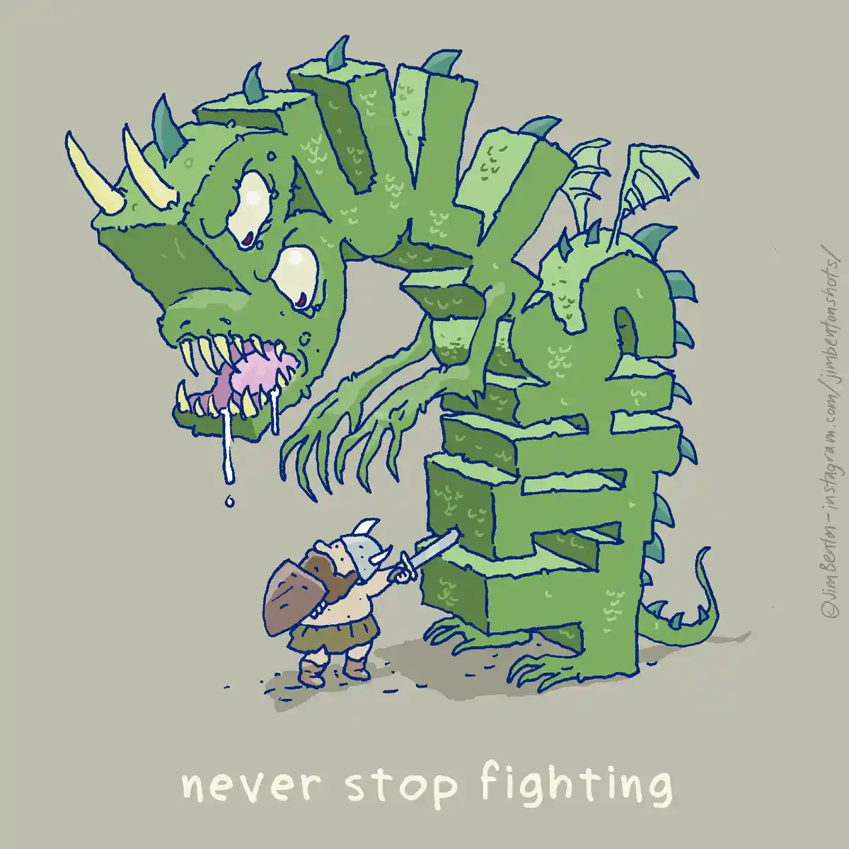 A cartoonish green dragon made of stacked, mossy stone blocks stands over a tiny warrior who is bravely stabbing at its leg…