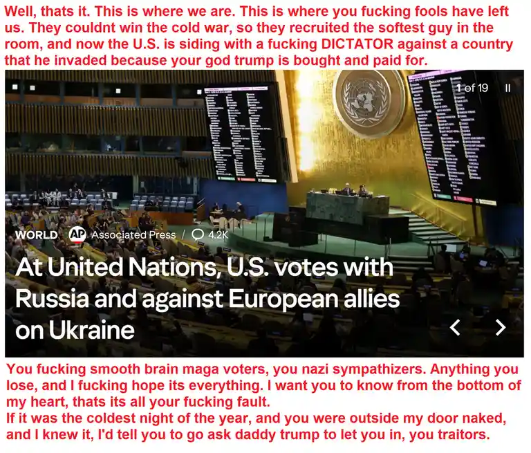 The image shows the United Nations General Assembly hall with delegates seated in rows, large screens displaying voting…