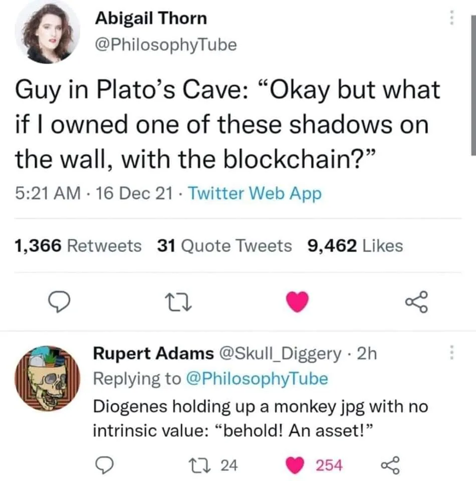 A screenshot of a Twitter thread shows user Abigail Thorn (@PhilosophyTube) posting a tweet about a guy in Plato's cave…