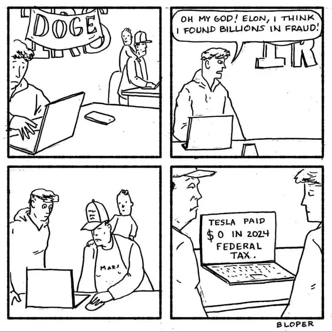 A four-panel comic shows two men at computers. In the first panel, one man has a 'DOGE' banner above him. In the second, he…