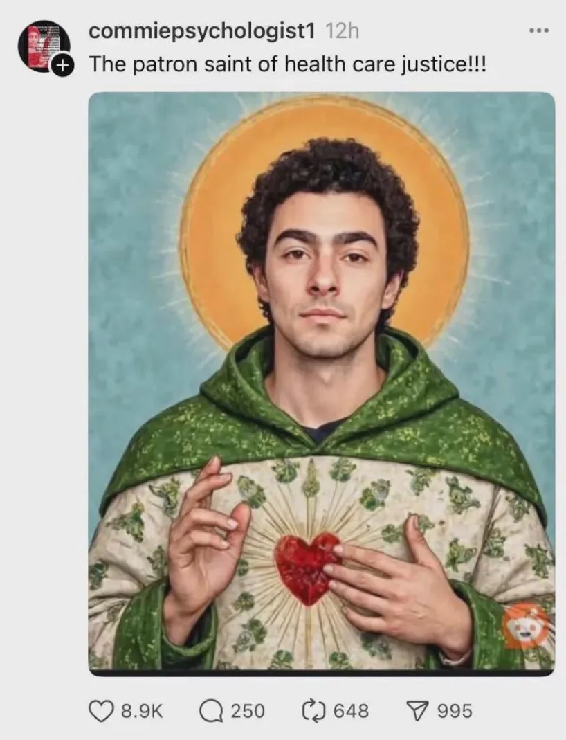 A digitally altered image shows a man with curly dark hair, wearing a green hooded robe over a white tunic decorated with…