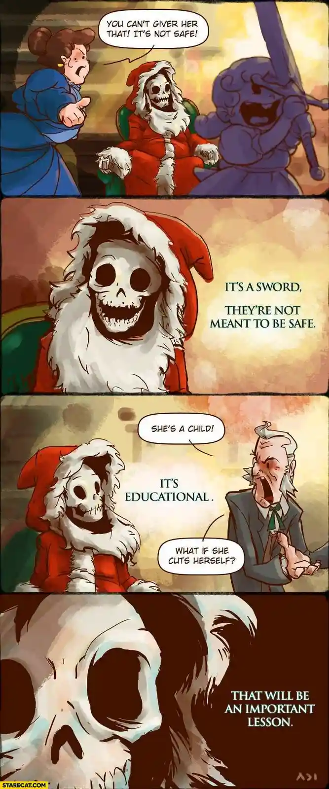 A four-panel comic shows a skeletal Santa Claus defending giving a child a sword, dismissing safety concerns by calling it…