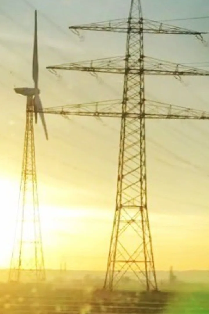 A silhouette of a wind turbine standing next to a tall electricity pylon against a golden sunset sky, with the overlaid text…
