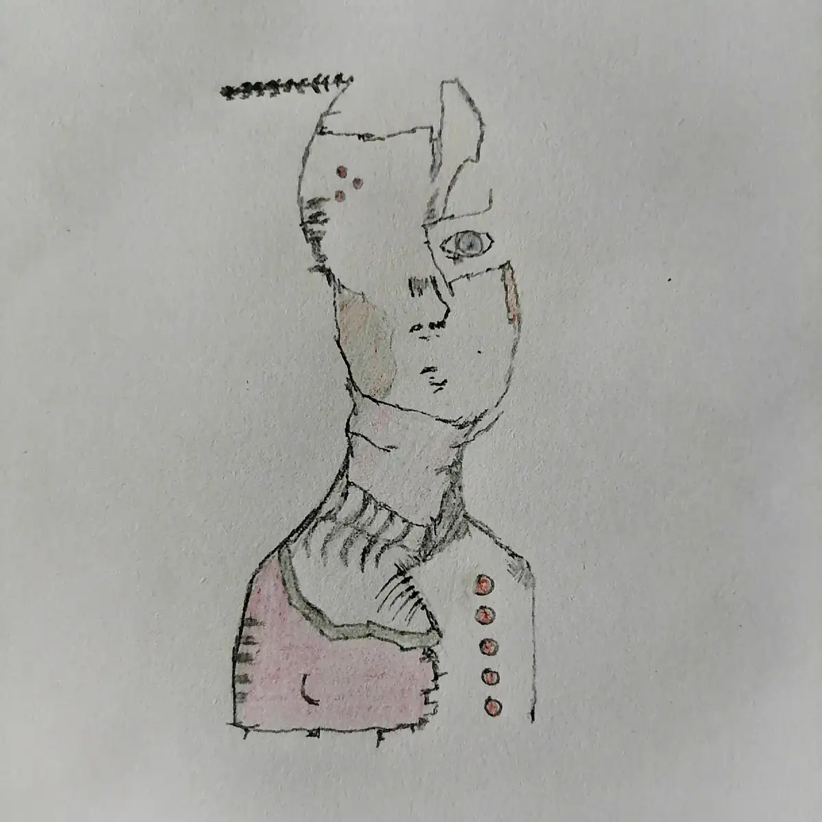 A hand-drawn sketch of a stylized human bust with a single visible eye, wearing a high-collared jacket with buttons and a…